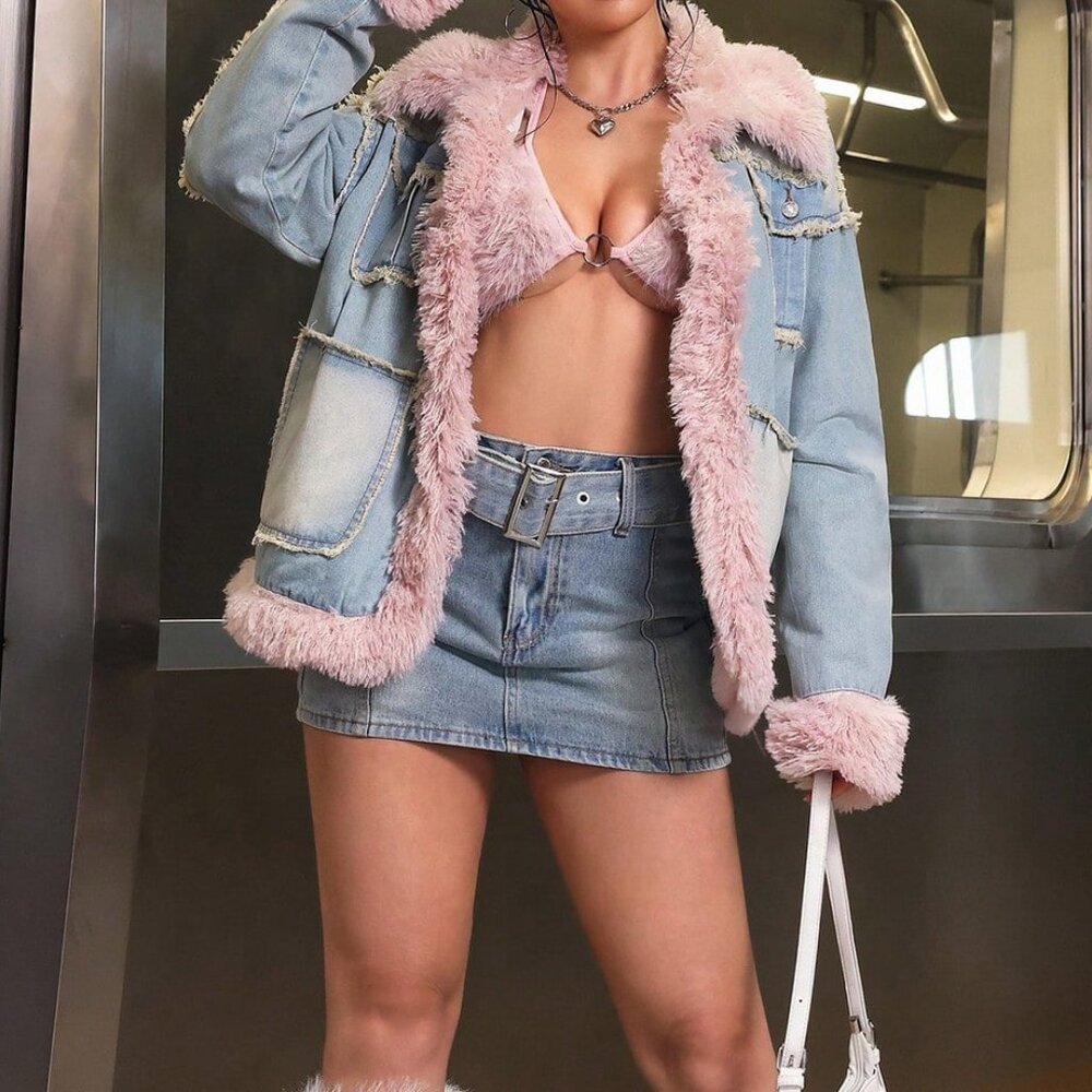 Blue Casual Women's faux fur Pocket detaile Long Sleeve Denim Jacket - Picture 6 of 8